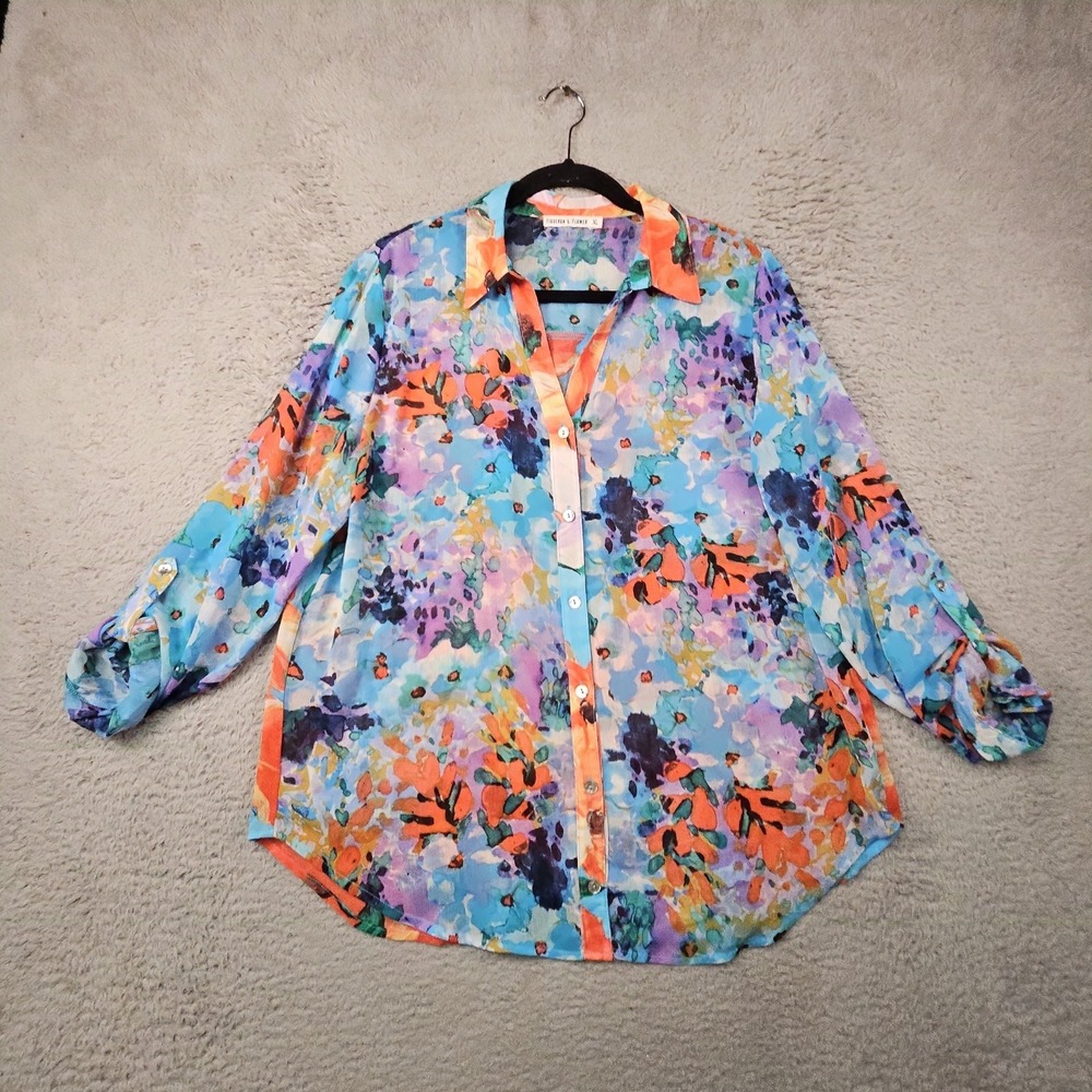 Figueroa Flower Women XL Shirt Floral Roll Tab Sleeve Boho Abstract Artsy Resort - Picture 2 of 13
